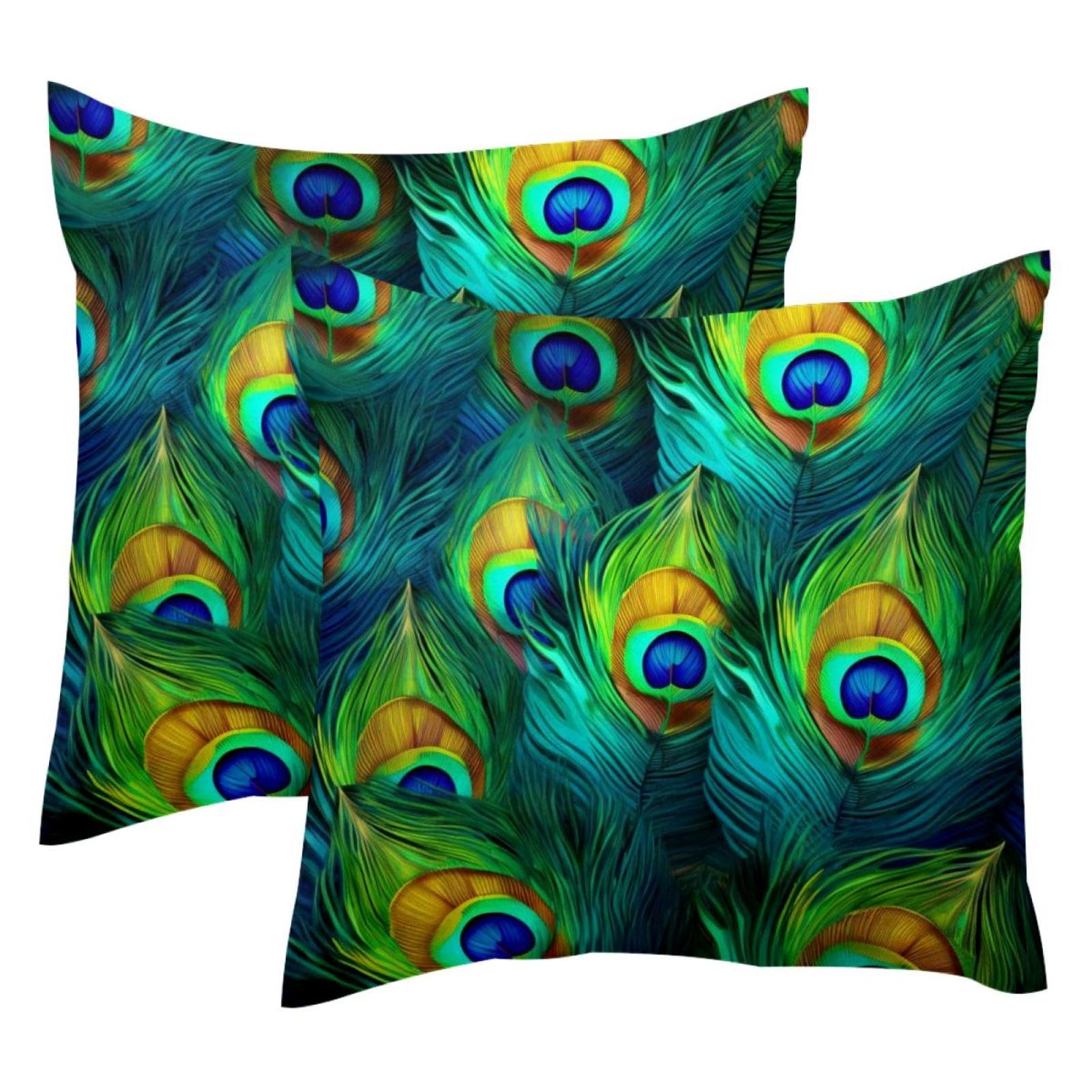Housse de coussin motif plume de paon velours 50x50 cm lot de 2 taie decorative