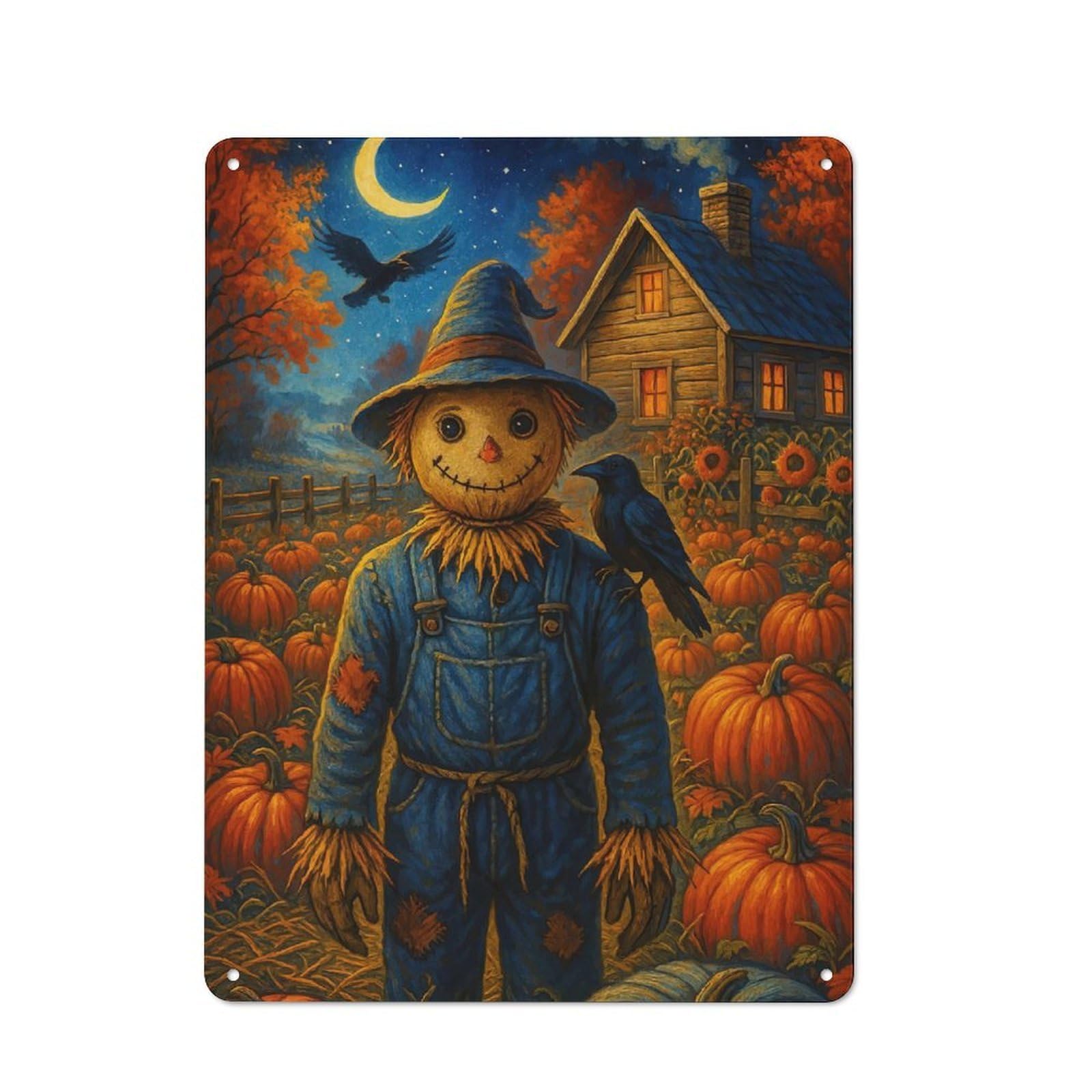 Junmoney Autumn Scarecrow Pumpkins Crows 40X30cm Rustic Metal Sign With For Guest Room Or Hallway, For Vintage Wall Decor Fans, For Metal Sign Collectors