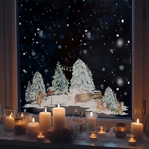 funlife Vinilo decorativo Lanscape de Winter Tree House para ventana, cubierta de vidrio adhesivo estático grueso de doble cara para decoración de