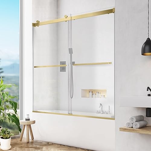 Puerta corrediza de cristal para bañera, 56-60 pulgadas de ancho x 58 pulgadas de alto, sin marco, para baño, vidrio templado transparente de 516