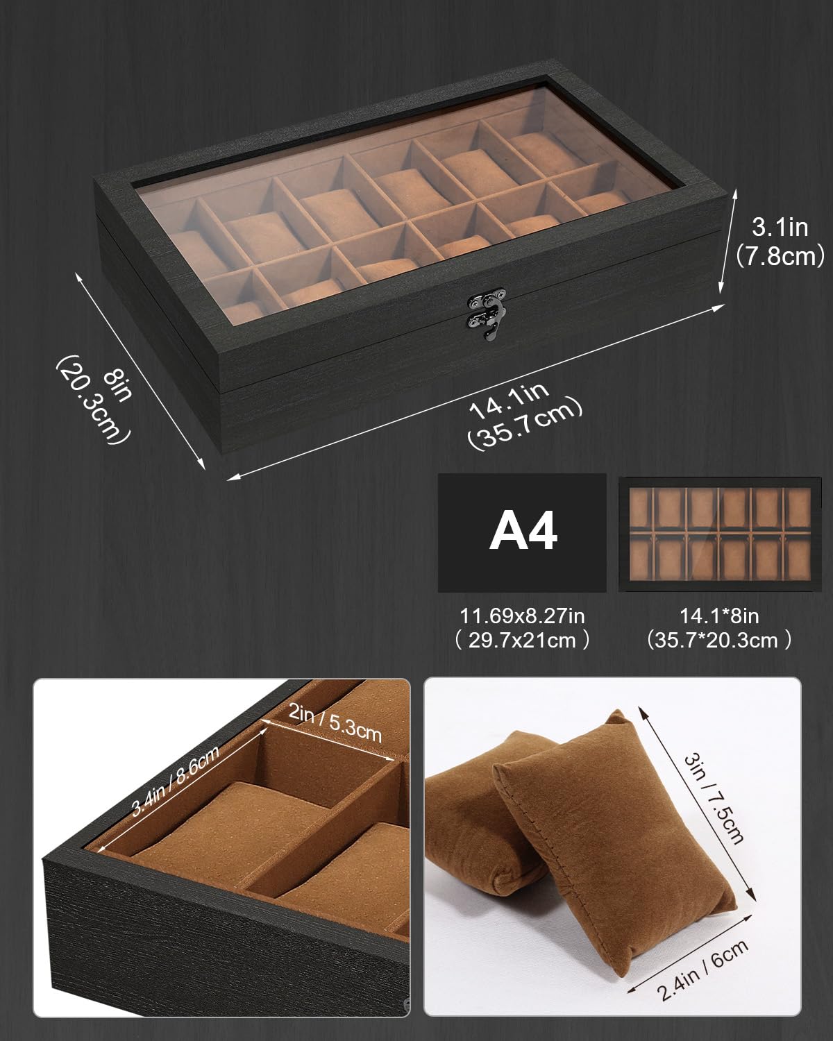 Uten Caja de Relojes con 12 Compartimentos, Caja para Reloje Madera, Tapa de Vidrio y Almohada Algodón Seda, Forro Marrón, para Exhibición y Almacenamiento de Relojes Joyería, Regalo Ideal