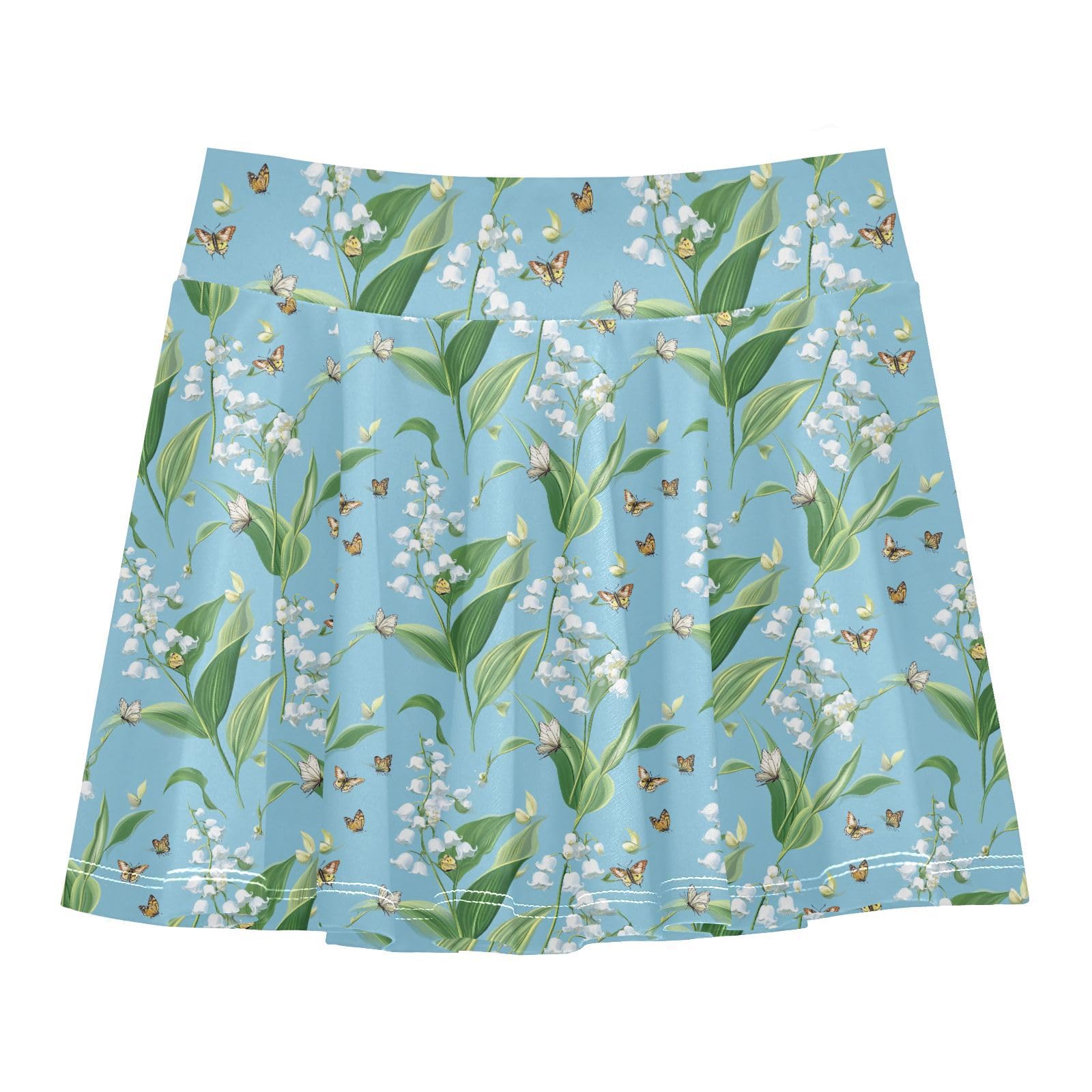 Lily of Valley Blue Girls Athletic Skirts with Shorts Flowy Girl Pleated Skirt with Pockets Performance Skorts