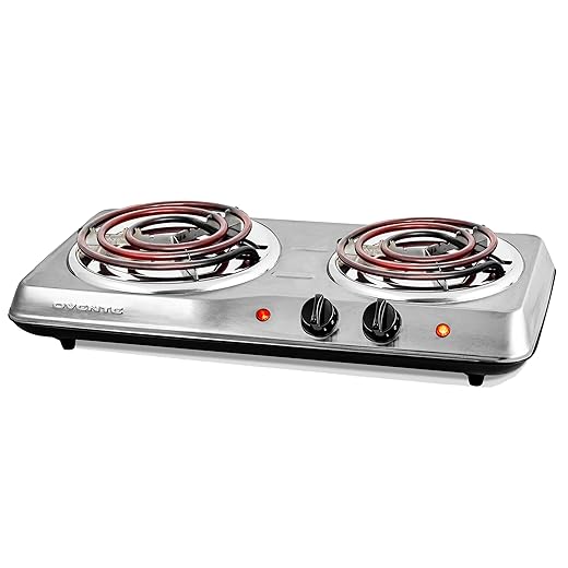 OVENTE Electric Countertop Double Burner, 1700W Cooktop with 6" and 5.75" Stainless Steel Coil Hot Plates, 5 Level Temperature Control, Indicator Lights and Easy to Clean Cooking Stove, Silver BGC102S