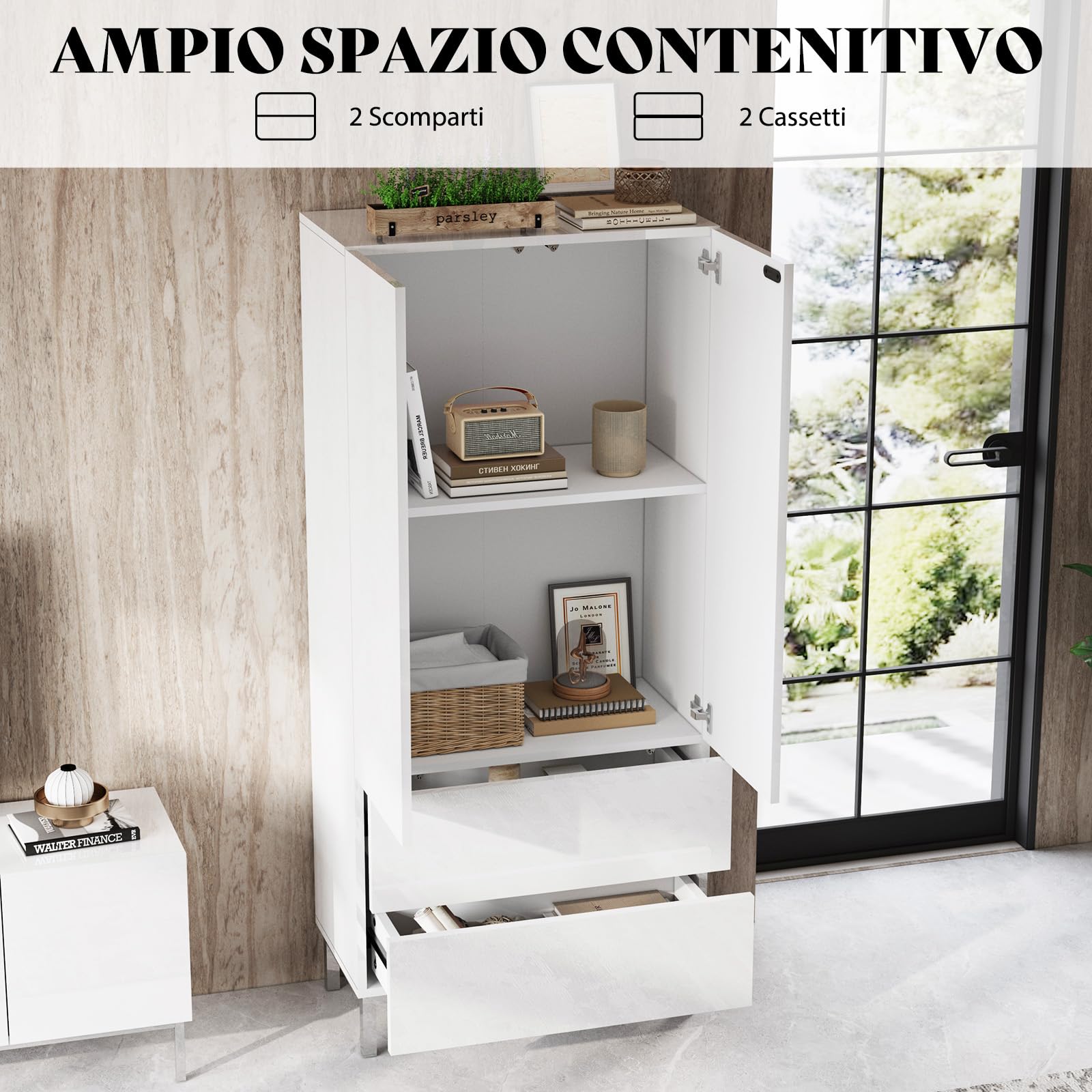 LUXOAK Modern Hochglanz Wohnzimmer Schrank, Weißer Hochschrank 170 cm mit Schubladen & Verstellbaren Einlegeböden, Aufbewahrungsschrank für Wohnzimmer
