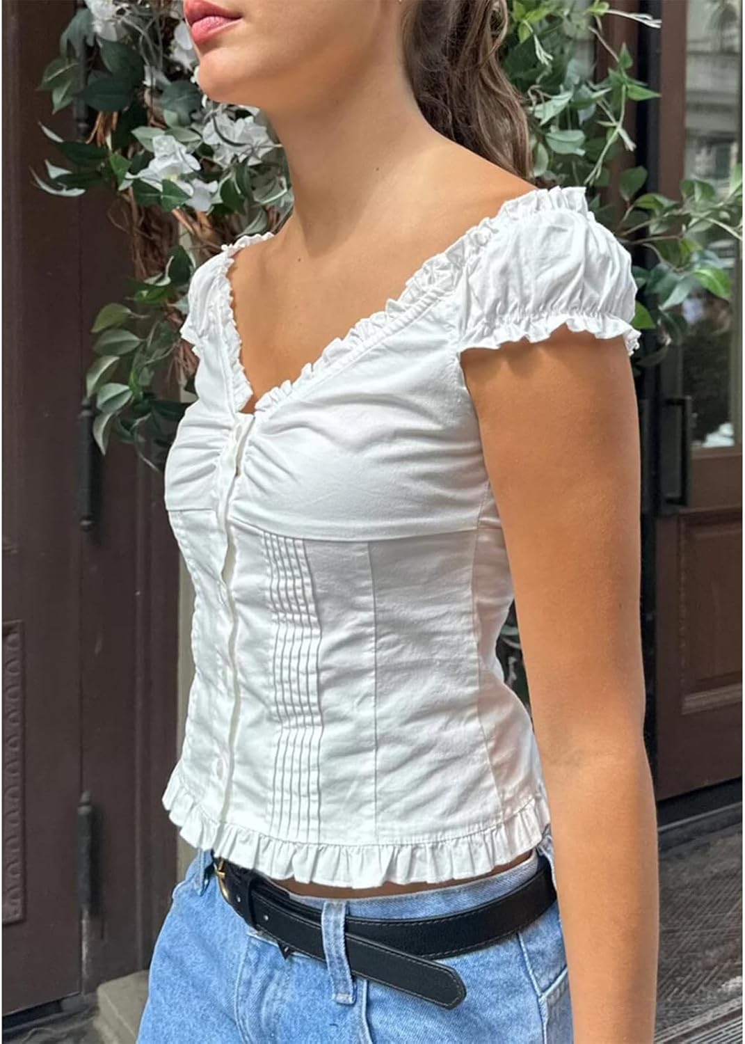 Women's Summer Button Down Crop Tops Cap Sleeve Y2k Slim Fitted Shirts Babydoll Coquette Tops Blouse - Image 3