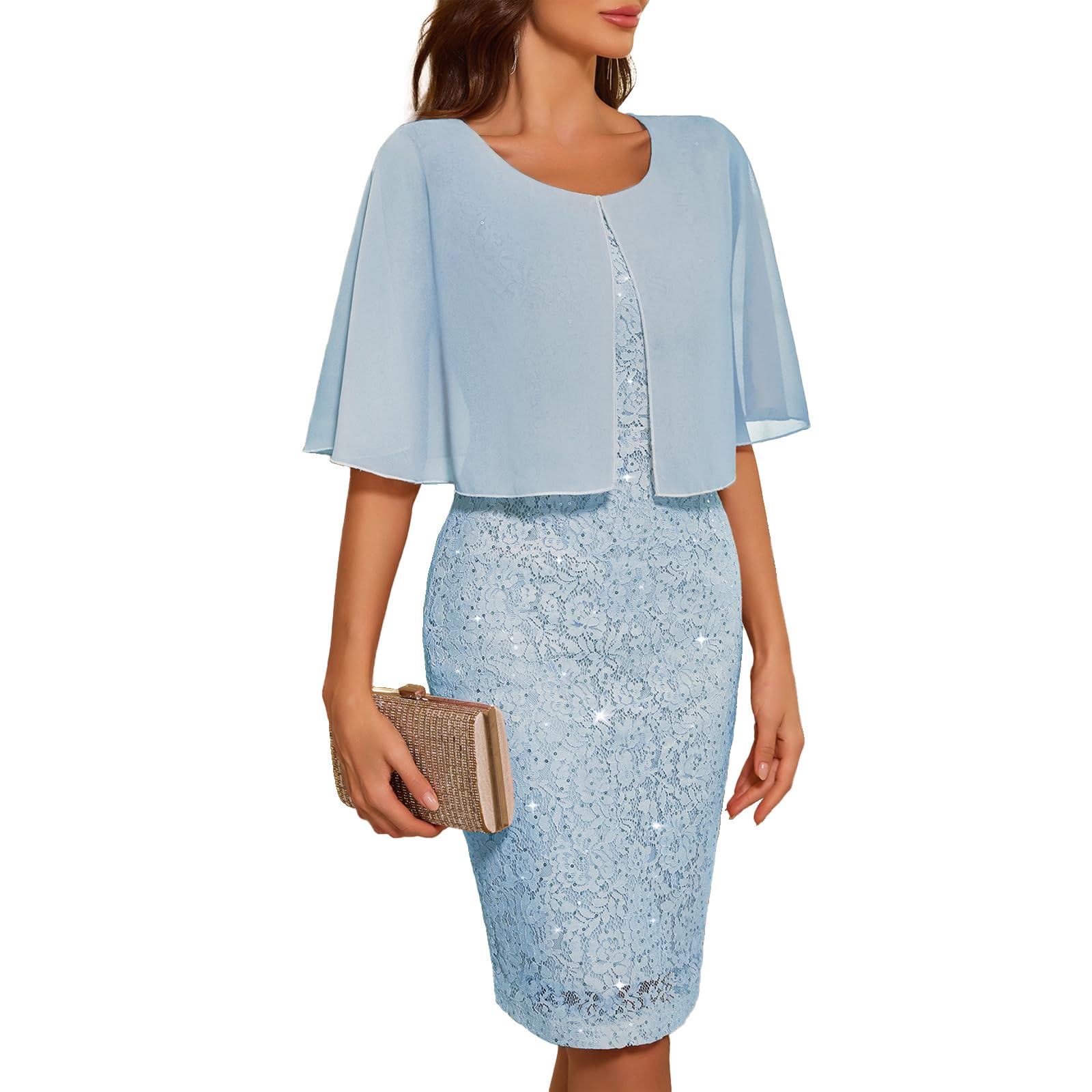 COOAN Damen-Hochzeitsgast-Schal-Kleid Elegantes festliches Abendkleid Cocktailparty Formelles Chiffon-Spitzenkleid mit Pailletten
