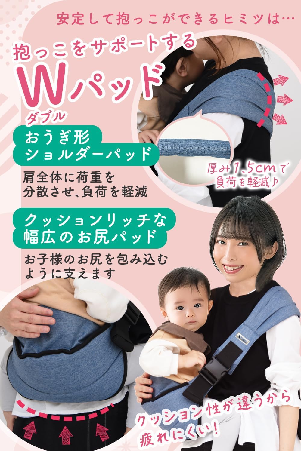 【ひよこクラブ掲載】 抱っこ紐 スリング 6～48ヵ月【ダブルパッドで安定抱っこｘ保育士さん監修】マグハート ラクだっこ ベビースリング ママパパ兼用 収納袋付き Mughart