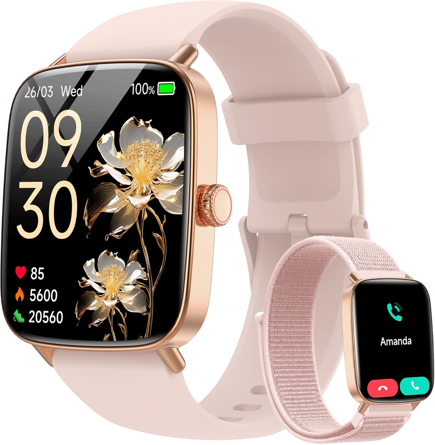 Smart Watch for Women, 1.85" HD Dynamic Dial Smartwatch for Android & iPhone with Answer/Make Call, Fitness Tracker with 110+ Sport Modes, Heart Rate/SpO2/Sleep Monitor, IP68 Waterproof (2 Bands) Pink small