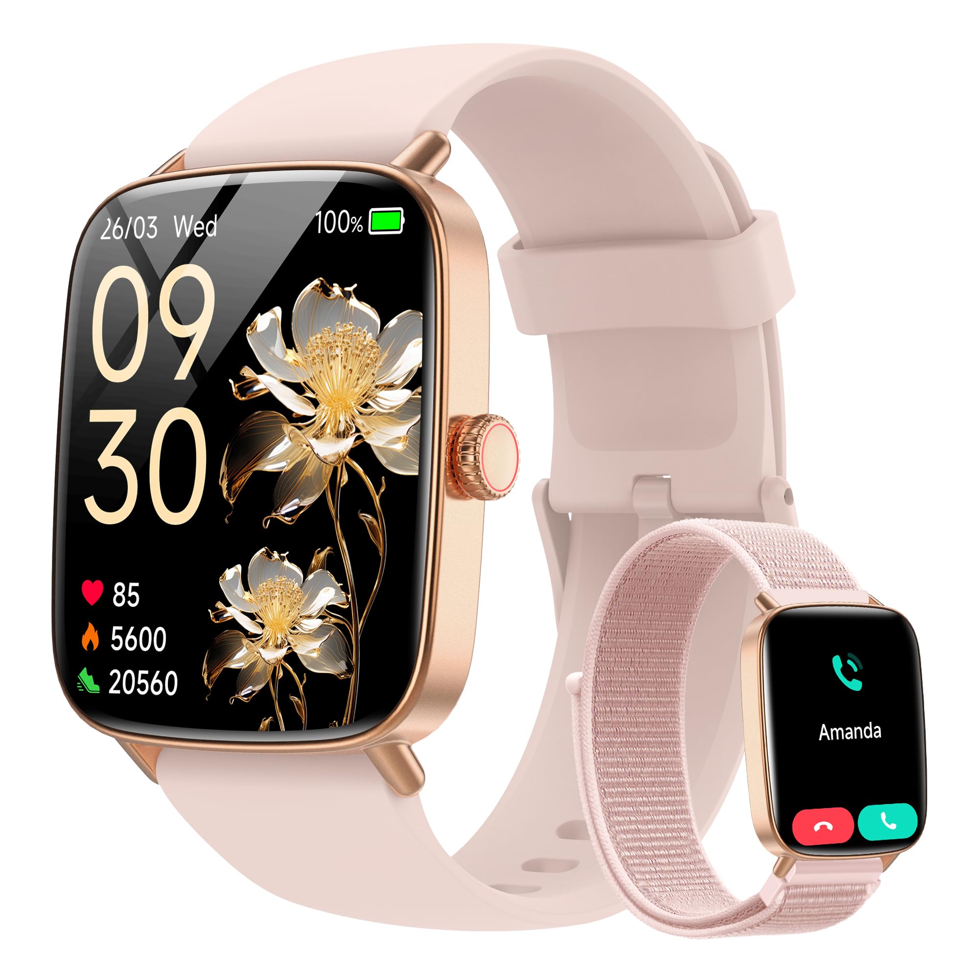 Tensky Smart Watch for Women/Men Android & iPhone, 1.85" Touch Screen Fitness Tracker with Answer/Make Call, IP68 Waterproof 24/7 Health/Sleep Monitor, Pedometer, 100+ Sport Modes (2 Bands)