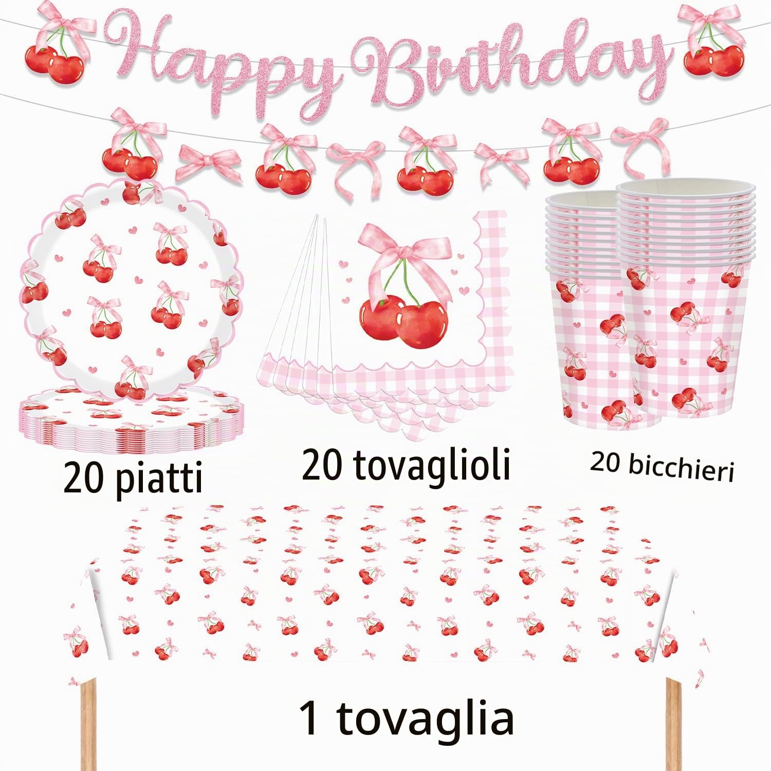 61 pezzi rosa Lace Cherry stoviglie per feste di compleanno delle ragazze, include piatti di carta, bicchieri di carta, tovaglioli di carta e tovaglie per una festa di compleanno per 20 persone