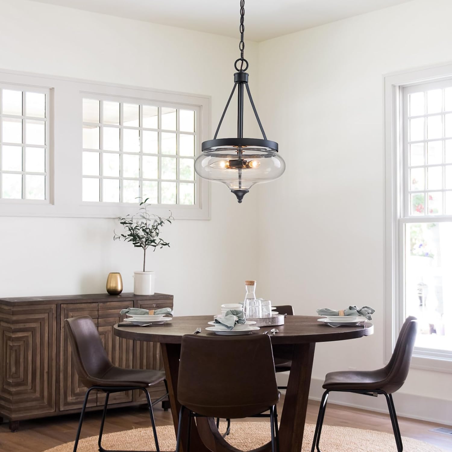 12.6" Clear Pear-Shaped Glass Chandelier 3-Lights Modern Black Pendant Light Fixture for Kitchen Island, Living Room, Hallway, Bedroom, Dining Room, Foyer