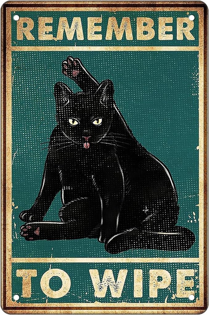 rayprint Black Cat Decor Bathroom Wall Art Metal Tin Sign - Remember To Wipe - 8X12 Inch