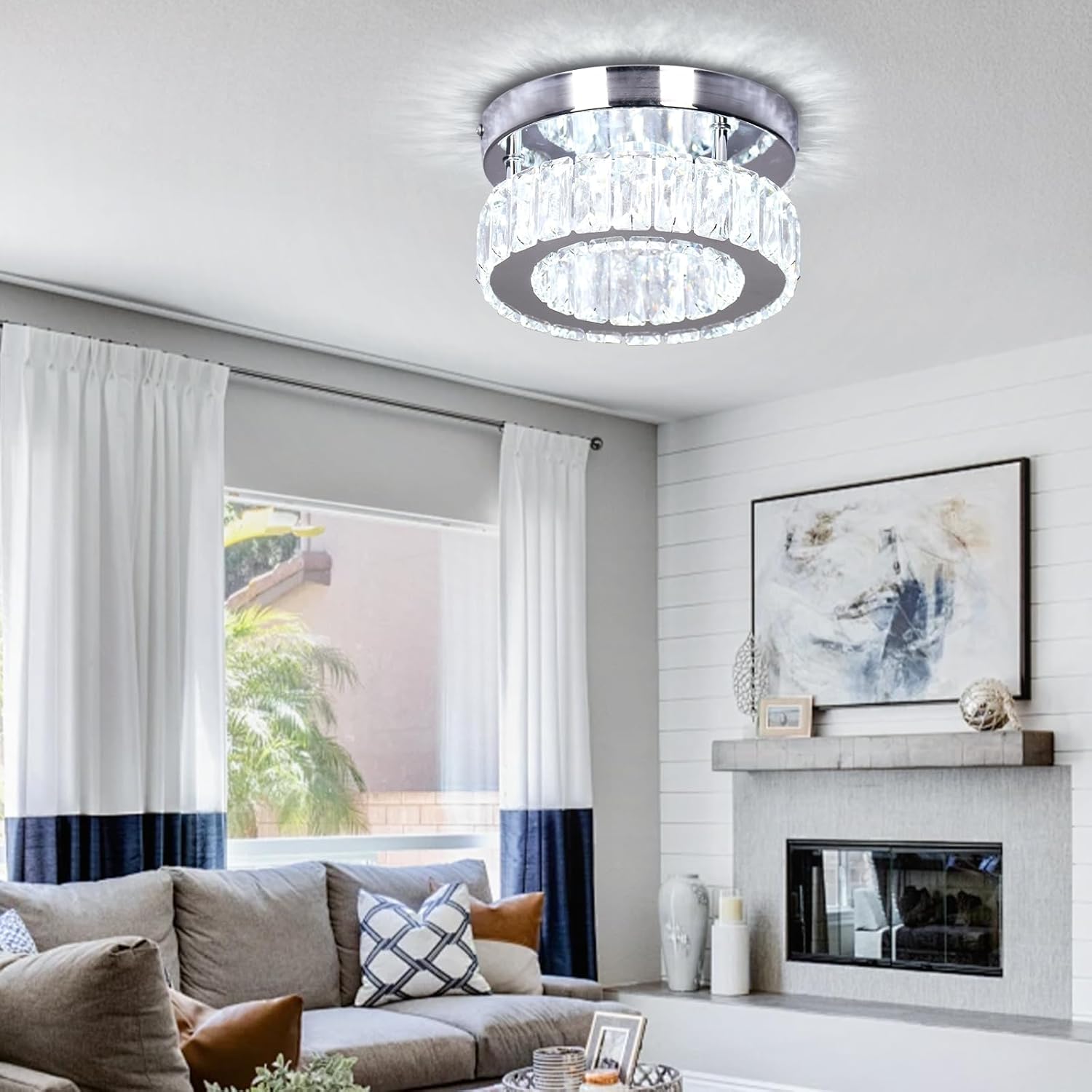 Modern Mini Crystal Chandelier LED Small Flush Mount Round Ceiling Light K9 Crystal Ceiling Lamp for Hallway Foyer Kitchen Bedroom (Cool White)