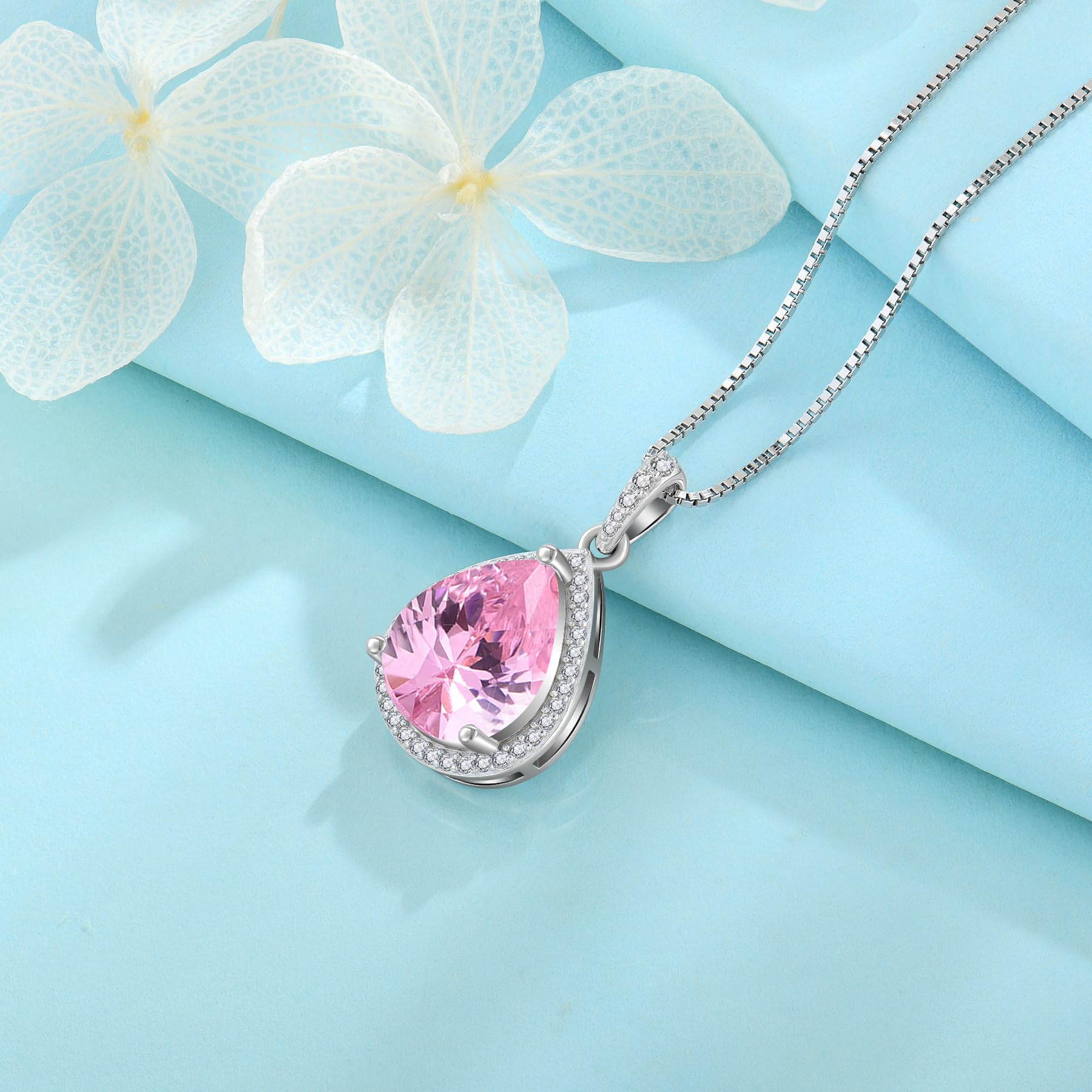 FJ Kette Damen 925 Sterling Silber Tropfen Halskette Birnenförmige Anhänger Geburtsstein Schmuck Geschenke für Frauen