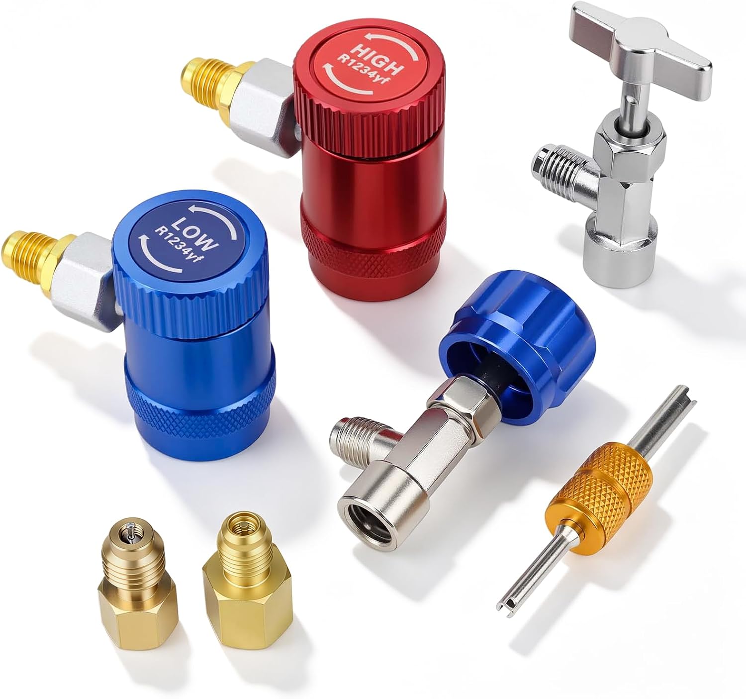 R1234yf Quick Couplers Kit, R1234yf Adapter Tool with Self-Sealing and Puncture Can Tap, HP/LP R1234yf Adapter with Valve Core Remover for 1/4" and 1/2" HVAC Charging Hoses, Car AC Repair