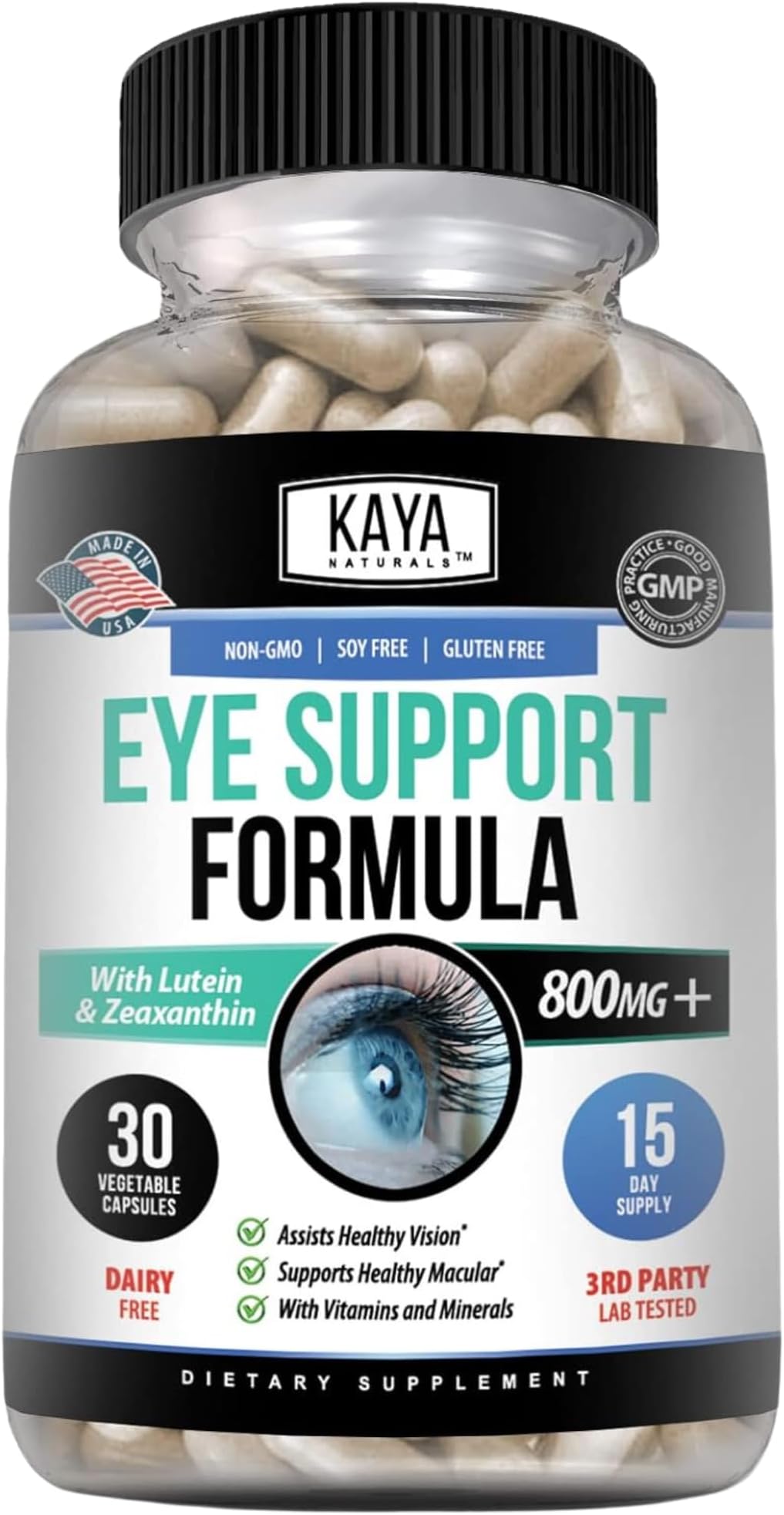 Kaya Naturals Eye Health Supplement, Lutein and Zeaxanthin, Vision Health, Eye Strain Support 800 mg Vitamin Supplement 30 Capsules