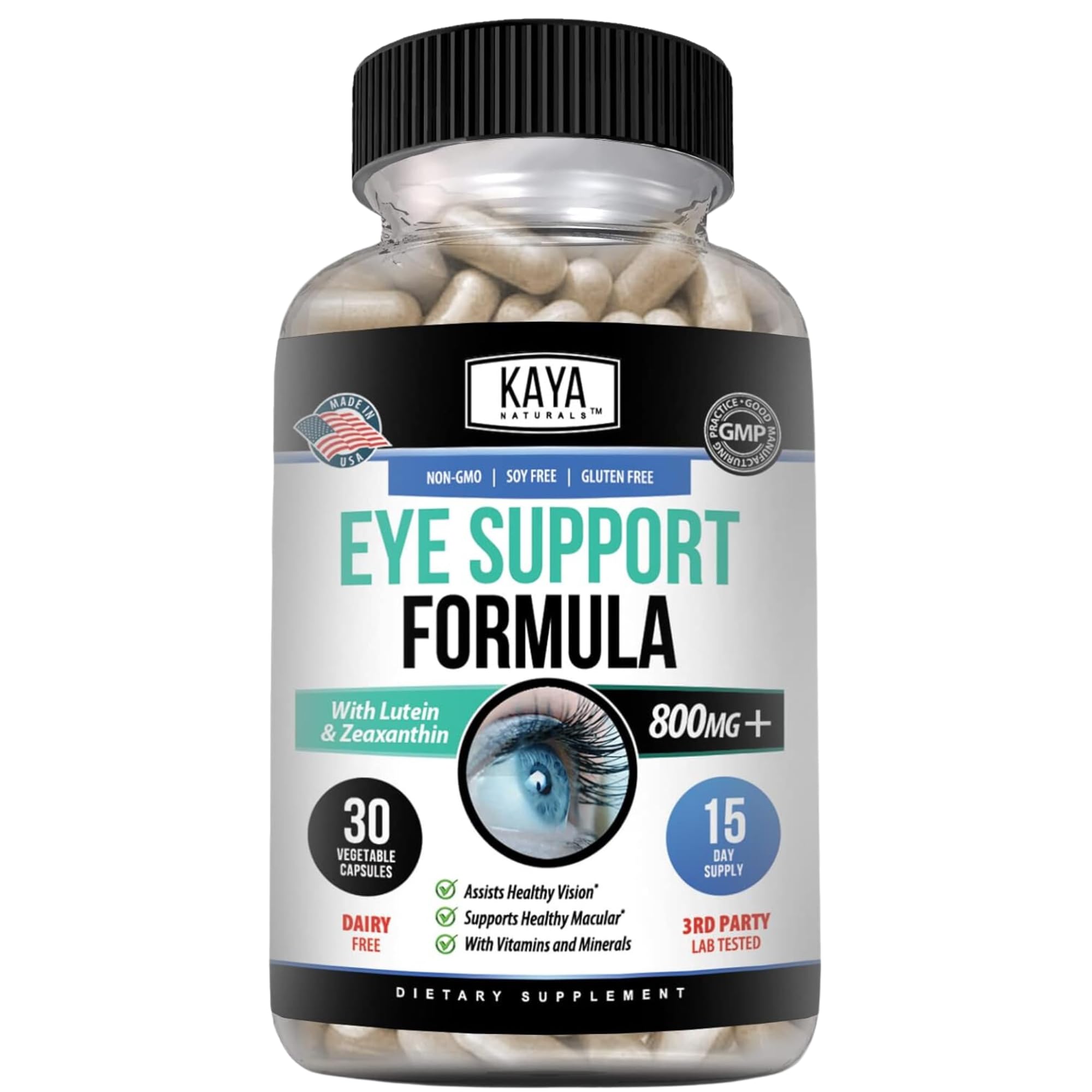 Kaya Naturals Eye Health Supplement, Lutein and Zeaxanthin, Vision Health, Eye Strain Support 800 mg Vitamin Supplement 30 Capsules
