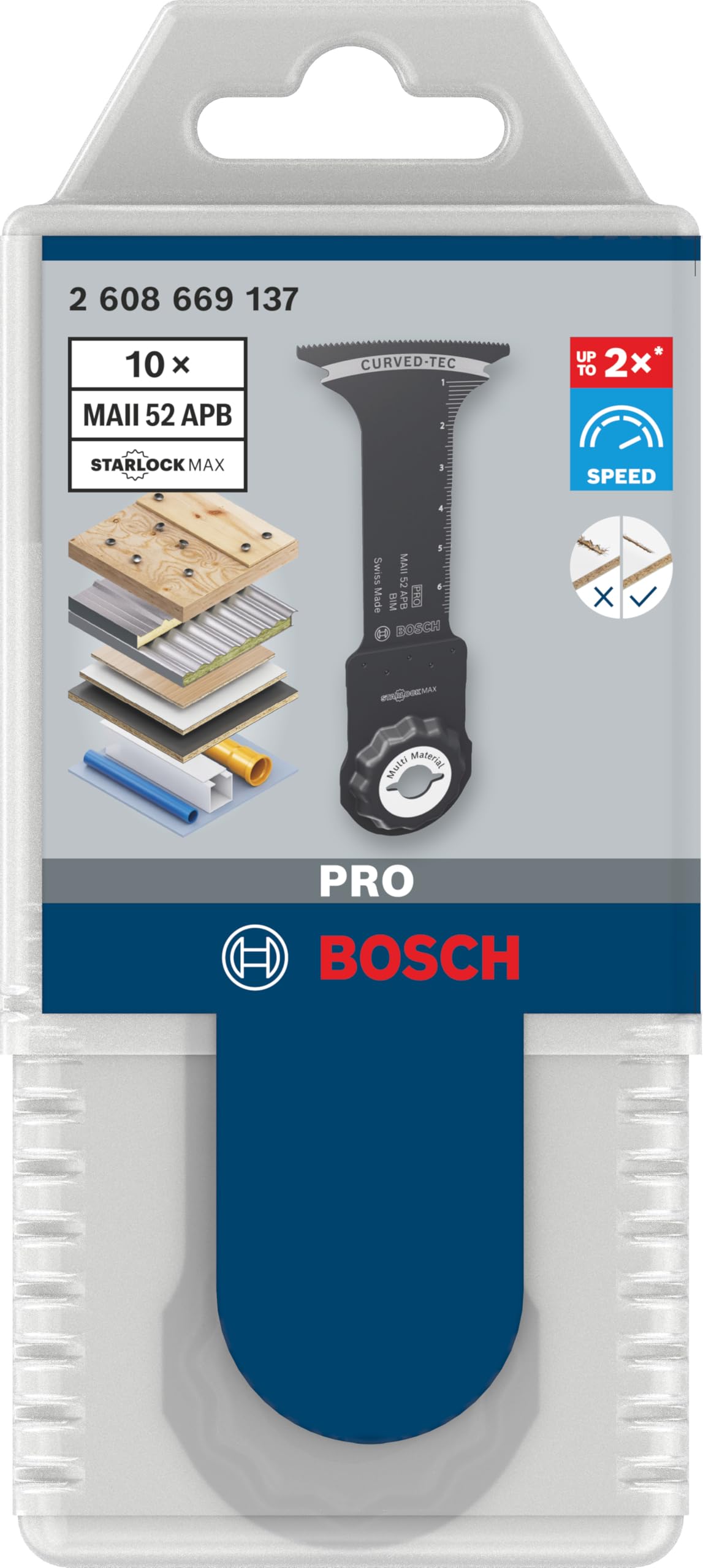 Bosch 10x Hoja multiherramienta PRO Multi Material MAII 52 APB (para Madera con clavos, Panel sándwich de metal, Anchura 52 mm, Professional Accesorios Multiherramienta)