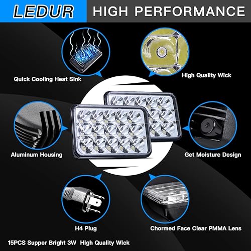 Miniatura 5 de LEDUR Faros delanteros LED 4x6 aprobados por puntos Hi/Lo de repuesto de haz sellado H4651 H4652 H4656 H4666 H6545 Compatible con Peterbilt Kenworth