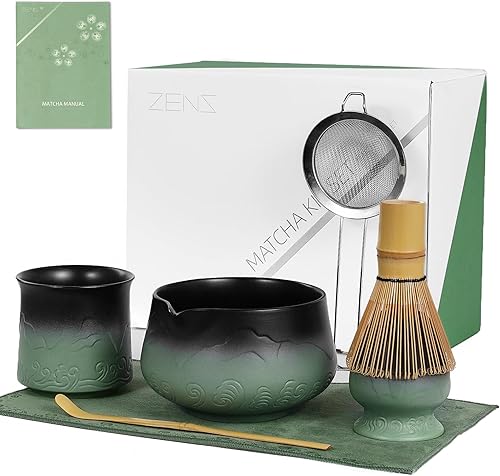 Miniatura 12 de ZENS Juego de batidor de matcha, juego de 5 piezas de matcha que incluye cuenco verde esmeralda, batidor de bambú hecho a mano y soporte de Chasen