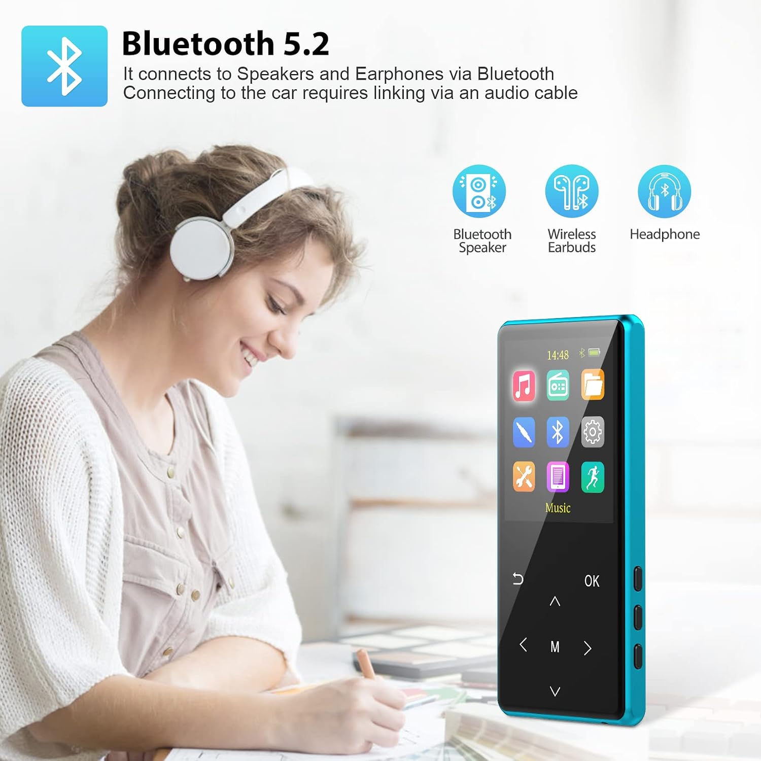 MP3 Player, 64GB MP3 Players with Bluetooth 5.2 Supports Lossless Music to Restore High-Fidelity Sound Quality, Support Recording, with FM, Includes arm Strap and Player Case, Easy to Carry, Blue.
