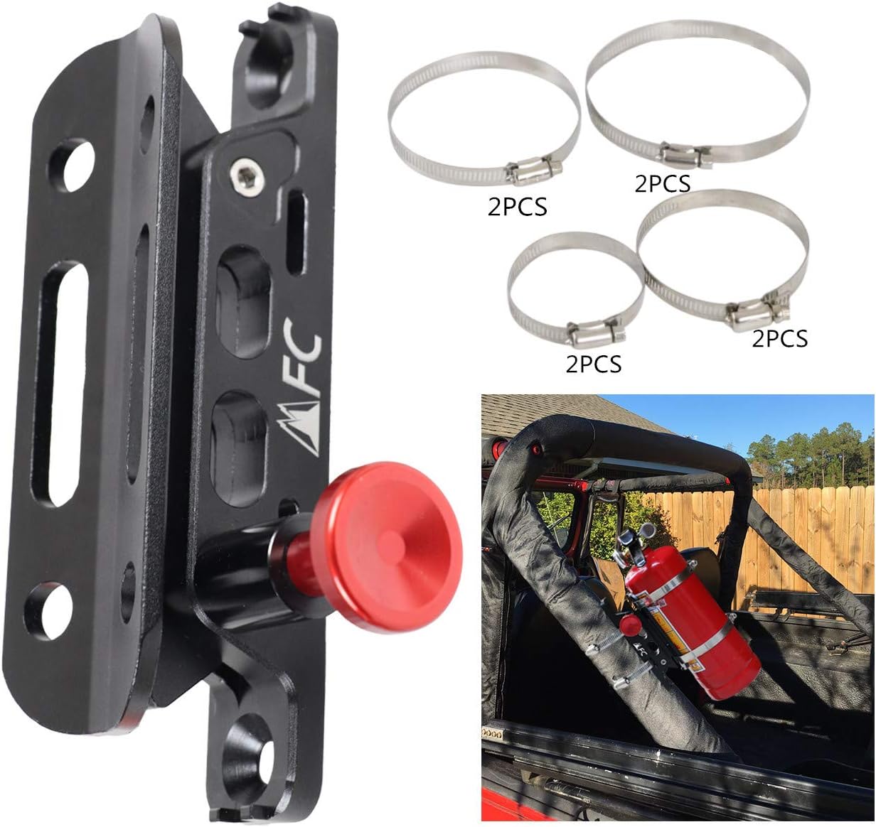 MFC New Universal Aluminum Adjustable Roll Bar Fire Extinguisher Mount Bottle Holder Bracket with 8 Clamps Compatible with for Jeep Wrangler TJ JK JKU JL UTV Polaris RZR Ranger