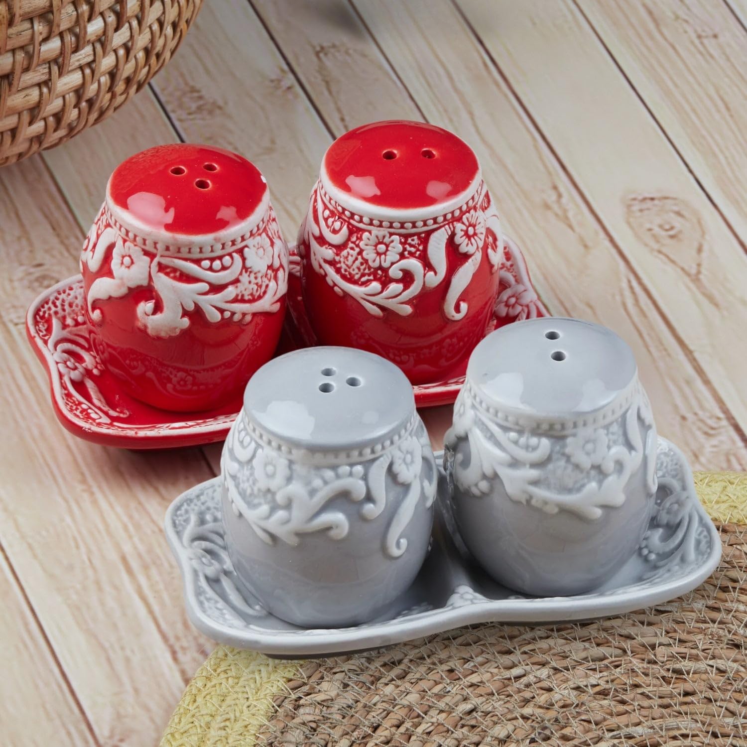 Kookee Ceramic Salt and Pepper Shaker Set with Tray | Grey White (8567) — Amazon image 11