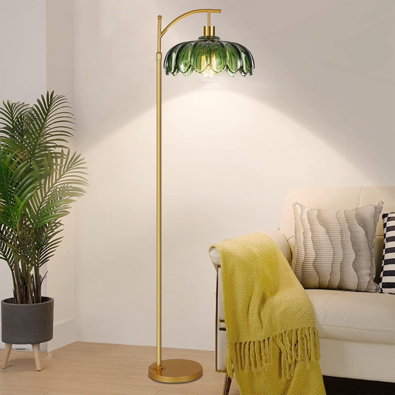 Glass Floor Lamp for Living Room,Bedroom,Mid Century Modern Standing Lamp with Remote,Dimmable Gold Tall Lamp Green Vintage Retro Arc Flower Floor Light Boho Bohemian