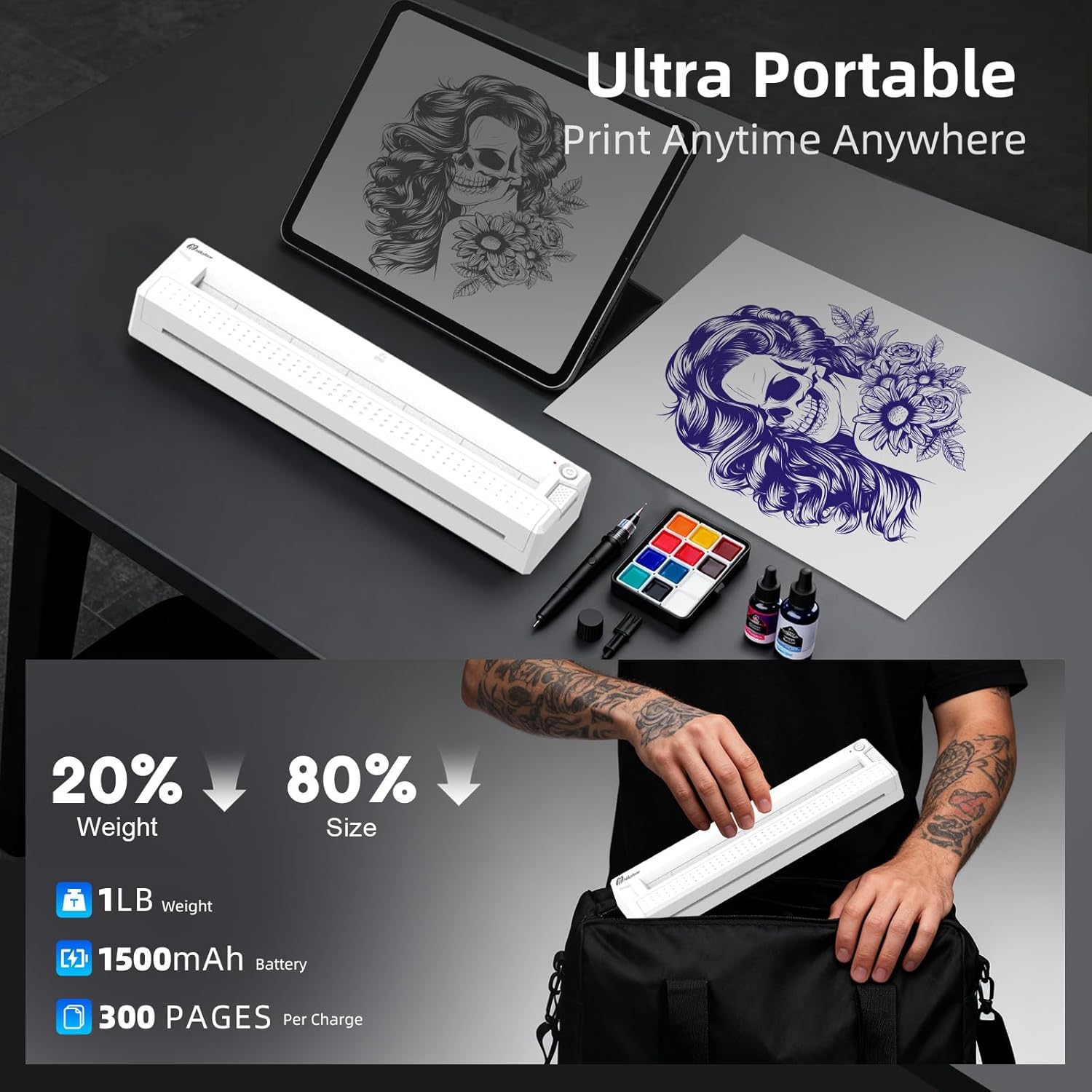 Milestone M9 Professional Tattoo Stencil Printer, Upgraded 2-in-1 Wireless Bluetooth Portable Thermal Printer for Tattoo Stencils & Documents Compatible with Phone/Tablet/PC
