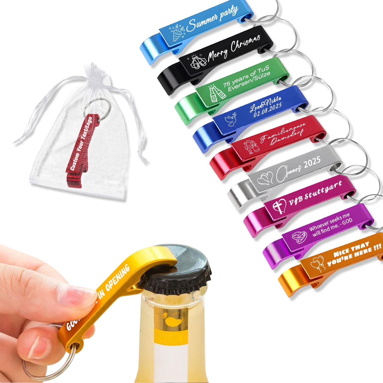 10-100 Pcs Personalised Aluminium Bottle Opener Keyring Engraved with Text Logo Custom Keychain Bottle Opener 9 Colours for Christmas Party Bar Gathering (30)