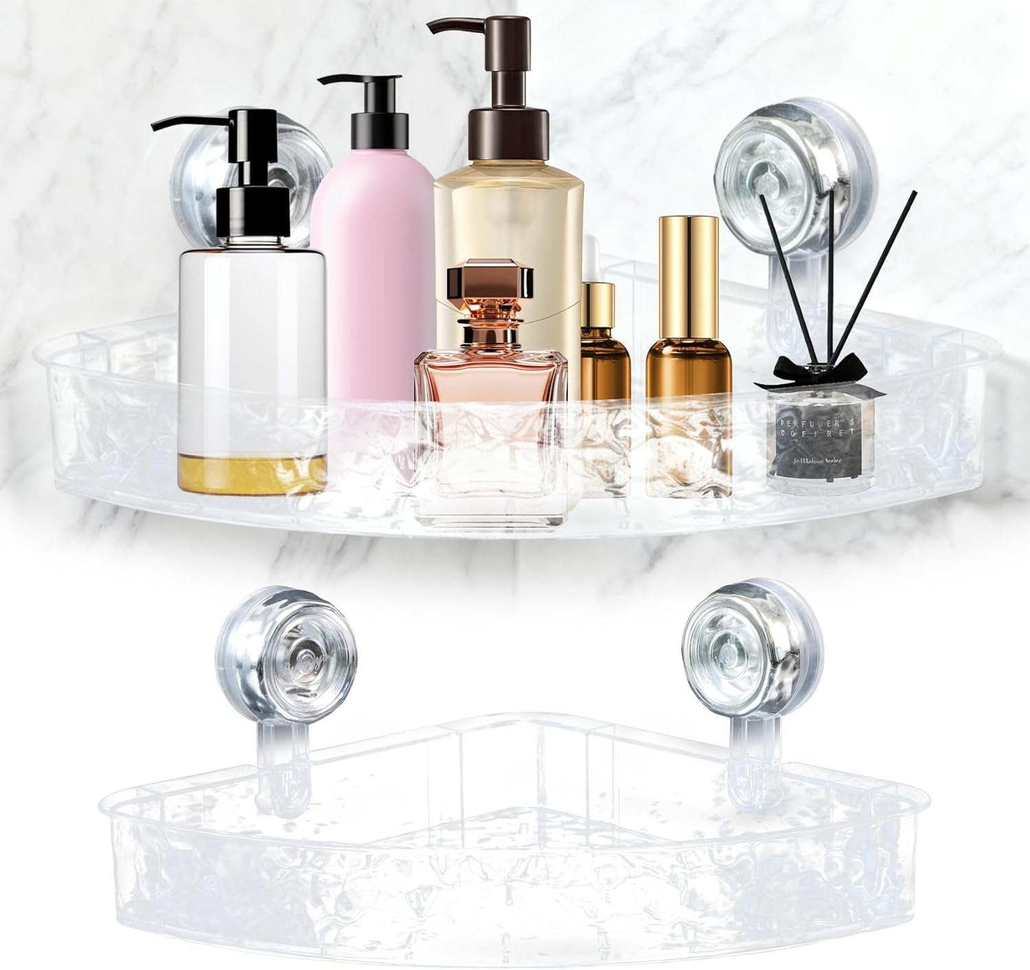 Suction Cup Shower Caddy, Clear Acrylic Corner Large Capacity No-Drill Bathroom Organizer, Heavy Duty Wall Mounted Storage for Shower, Tile & Glass