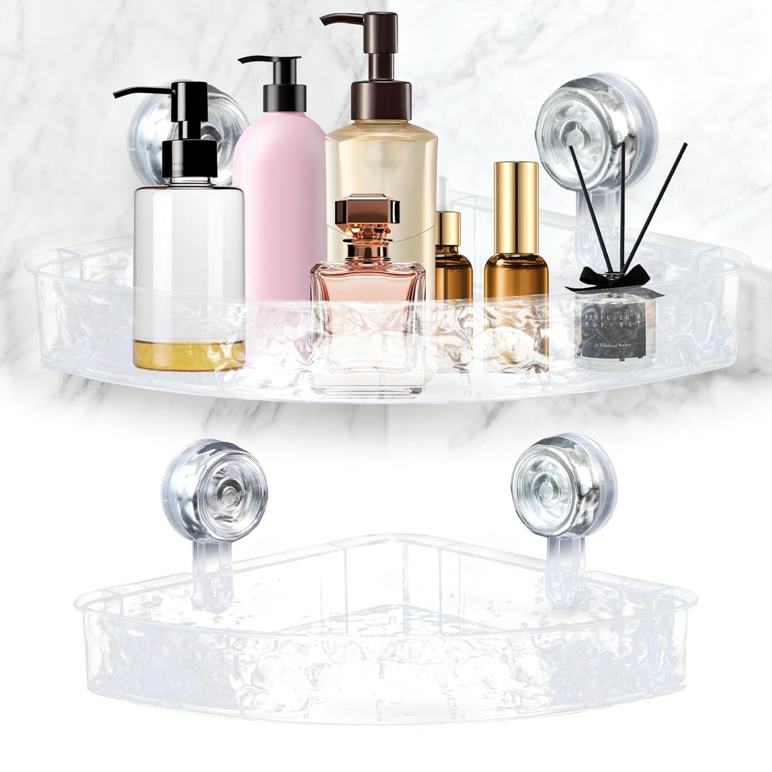 Likorlove Suction Cup Shower Caddy Clear Acrylic Corner Large Capacity No-Drill Bathroom Organizer Heavy Duty Wall Mounted Storage