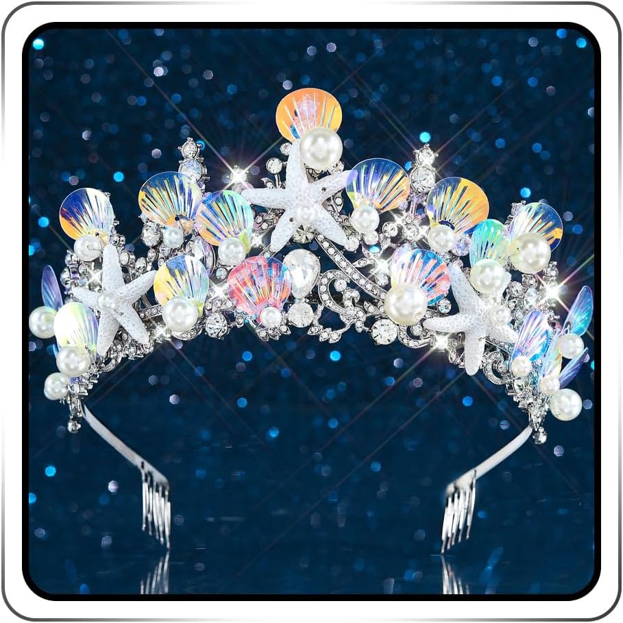 JEAIRTS Mermaid Crown Silver Shell Tiara Sparkly Ocean Princess Hair Accessories for Women