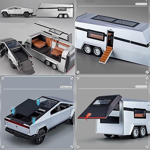 Miniatura 2 de Cybertruck - Remolque de metal fundido a presión, modelo de automóvil con luz de sonido y tracción trasera (plateado)
