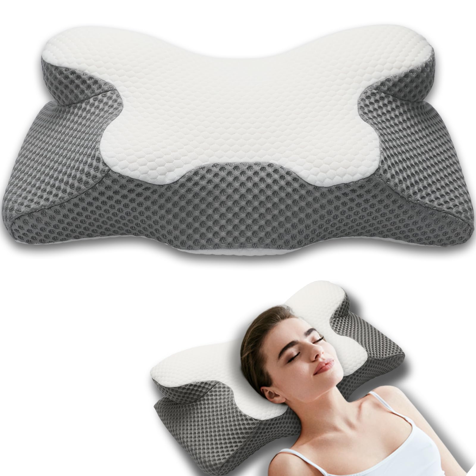 RUMMY Memory Foam Neck Pillow for Pain Relief, For Shoulder and Cervical Support, Ergonomic Design with Removable Washable Pillowcase (Grey)