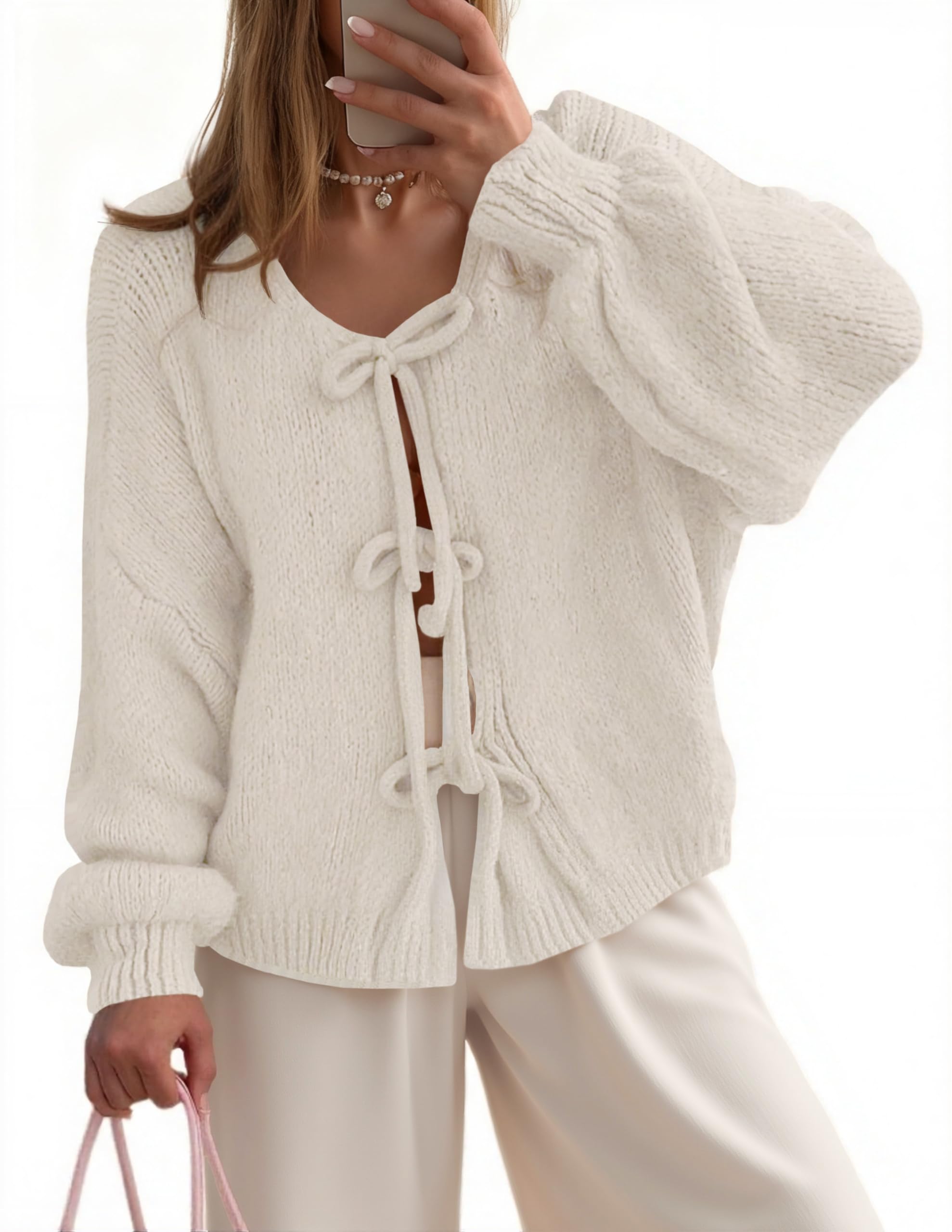 UNCLECAT Womens Bow Tie Front Cardigan Sweaters Oversized Fall Open Front Cardigans Cute Loose Knit Tops