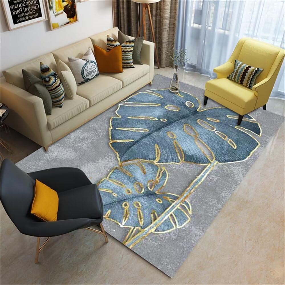 Grand tapis design 140x180cm gris bleu à motif feuilles pour bureau
