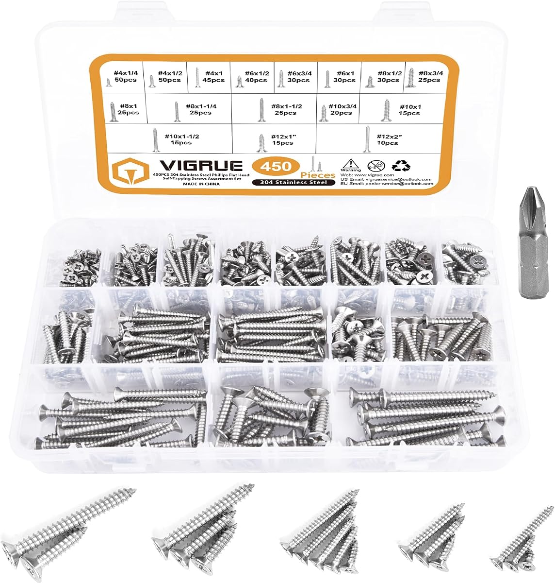 VIGRUE Stainless Steel Wood Screws Assortment Kit, #4#6#8#10#12 Phillips Pan Head Sheet Metal Screws Self Tapping Screws Set, 450Pcs