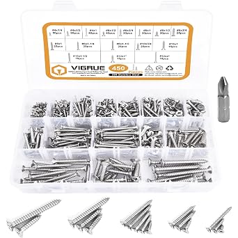 VIGRUE 450Pcs Stainless Steel Wood Screws Set #4#6#8#10#12 Phillips Flat Head Sheet Metal Screw Self Tapping Screws Assortment Kit, Length 1/4" to 2"