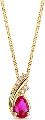 Orovi 14K Gold Necklaces for Women, 585 14 K Yellow Gold Pendant with Diamonds and Pear-Shape Red Ruby Gemstone 0.45ct, 18ct Gold Plated 925 Sterling Silver Chain 17.7", Hypoallergenic Womens Jewelry