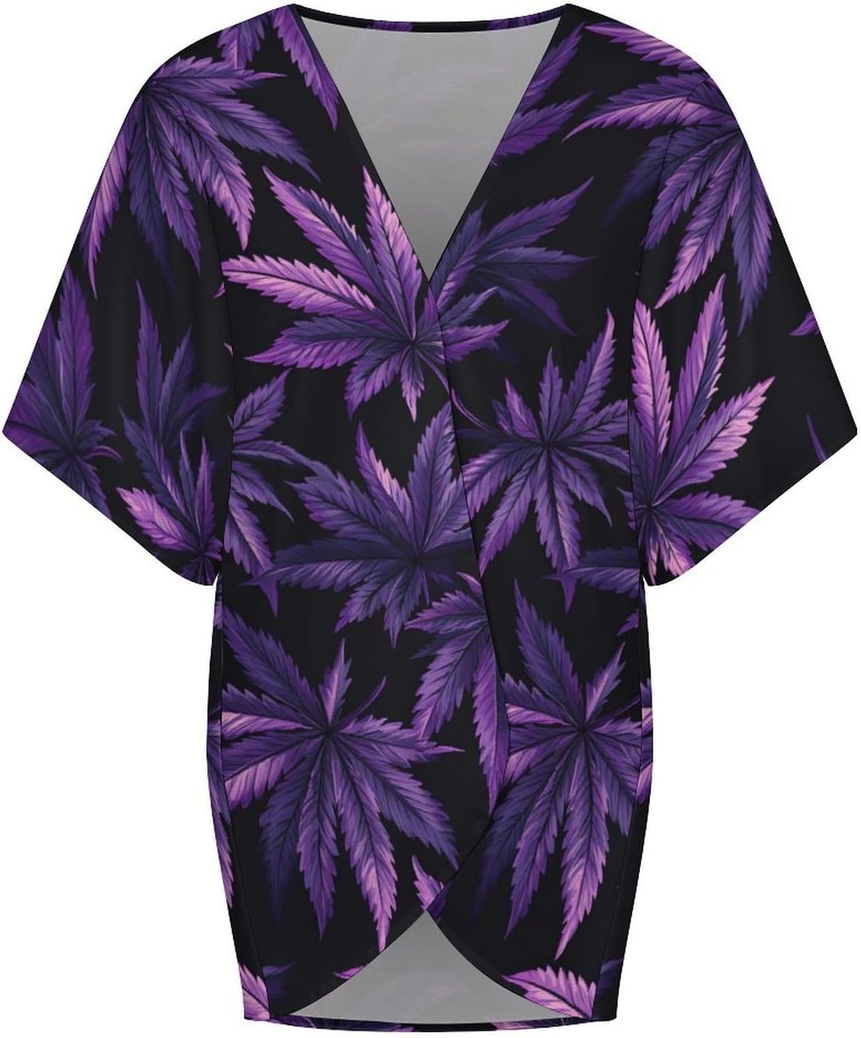 Purple Maple Leaf Weed Women's Open Front Cardigan Short Sleeves Jacket Lightweight Sweaters Tops
