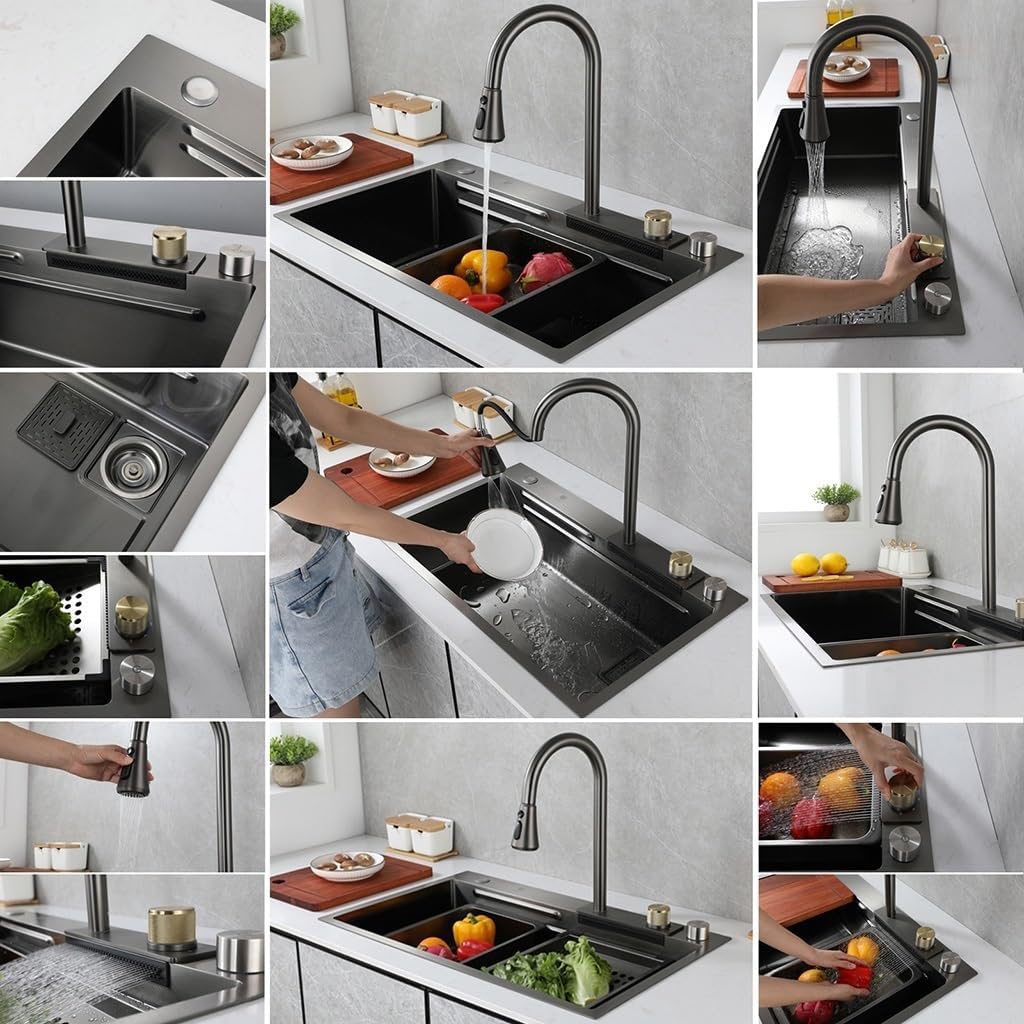 Kitchen Waterfall Sink Stainless Steel Single-Bowl Bar Prep Sink -Coated Workstation Sink with Waterfall Pull-Down Faucet and Cplete Accessory Set (Color : Black, Size : 80x45x21cm)