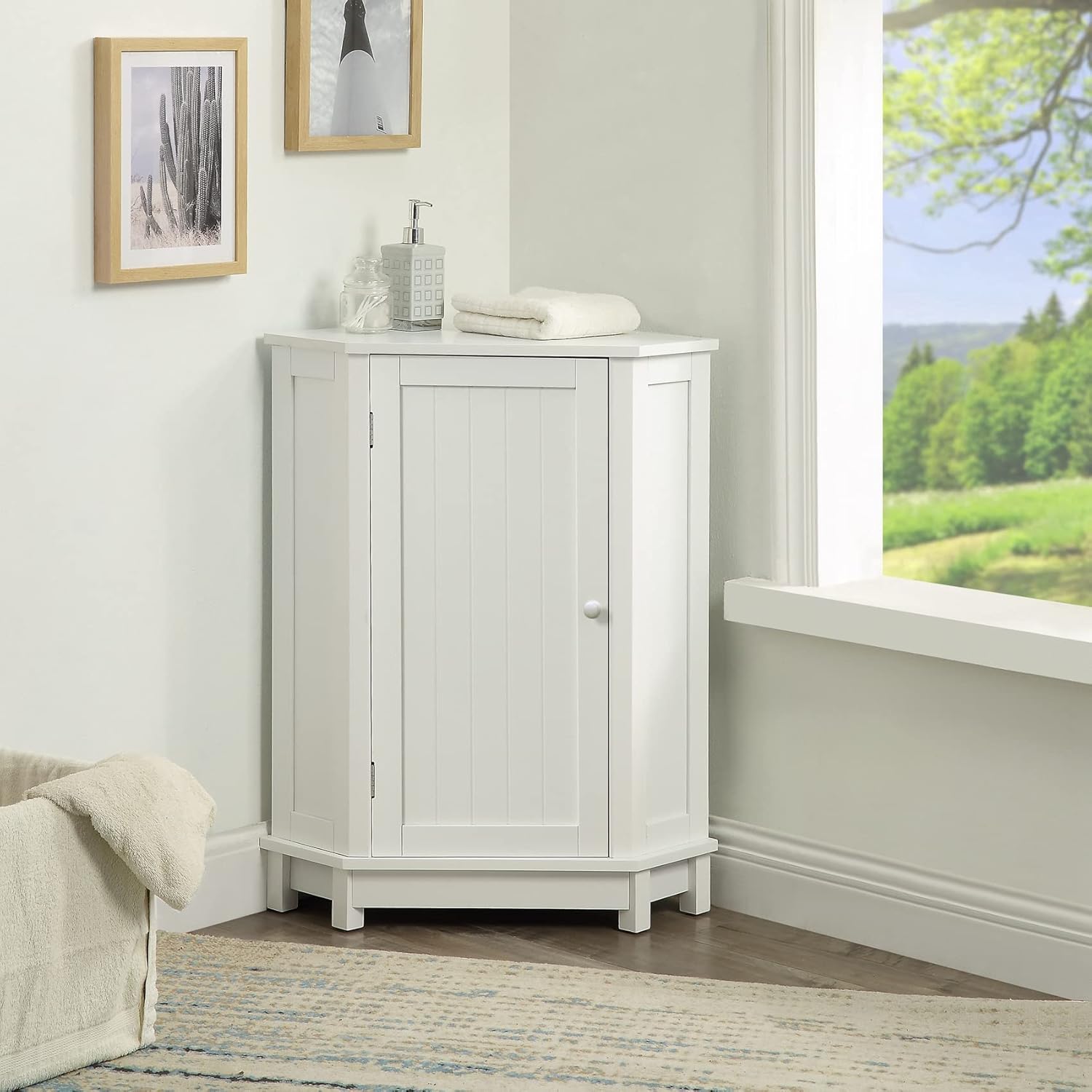 Corner Cabinet with Door - Bathroom Storage with Removable Shelves - White