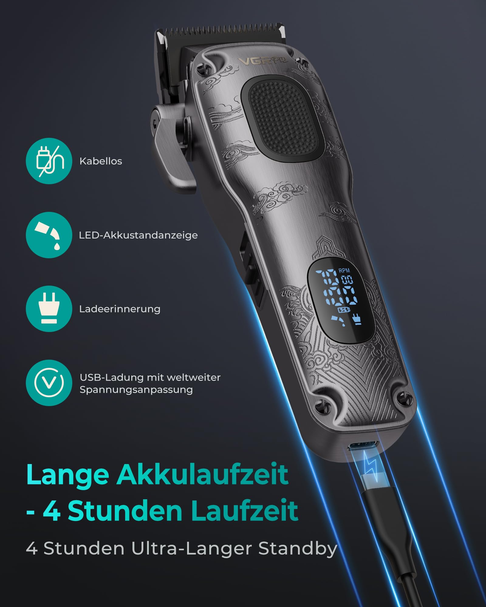 VGRPRO Haarschneidemaschine Profi Akku kabellos Clipper mit Etui LED-Anzeige Grau