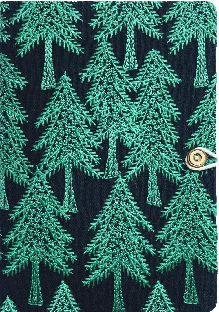 Embroidered Notebook, Hardcover, A5, Lay-flat, 6x8, Plain Page, Pretty Journal for Women, Personal Journal, Cute Sketchbook, Blank Paper, 100gsm, Black Linen, Christmas Tree Forest