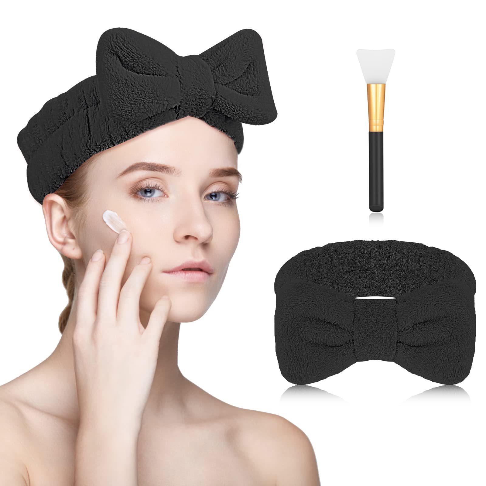 WLLHYF 2 Pack Spa Headband Makeup Brush Set, Bowknot Hair Bands With Silicone Face Mask Brush, Coral Fleece Elastic Headband for Face Washing Shower Sports Makeup Beauty Skincare(Black)