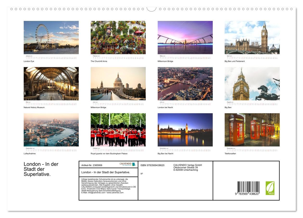 CALVENDO - London - In der Stadt der Superlative. (Wandkalender 2027 DIN A2 quer), Monatskalender: Doppeldeckerbusse, Telefonzellen und eine königliche Familie.