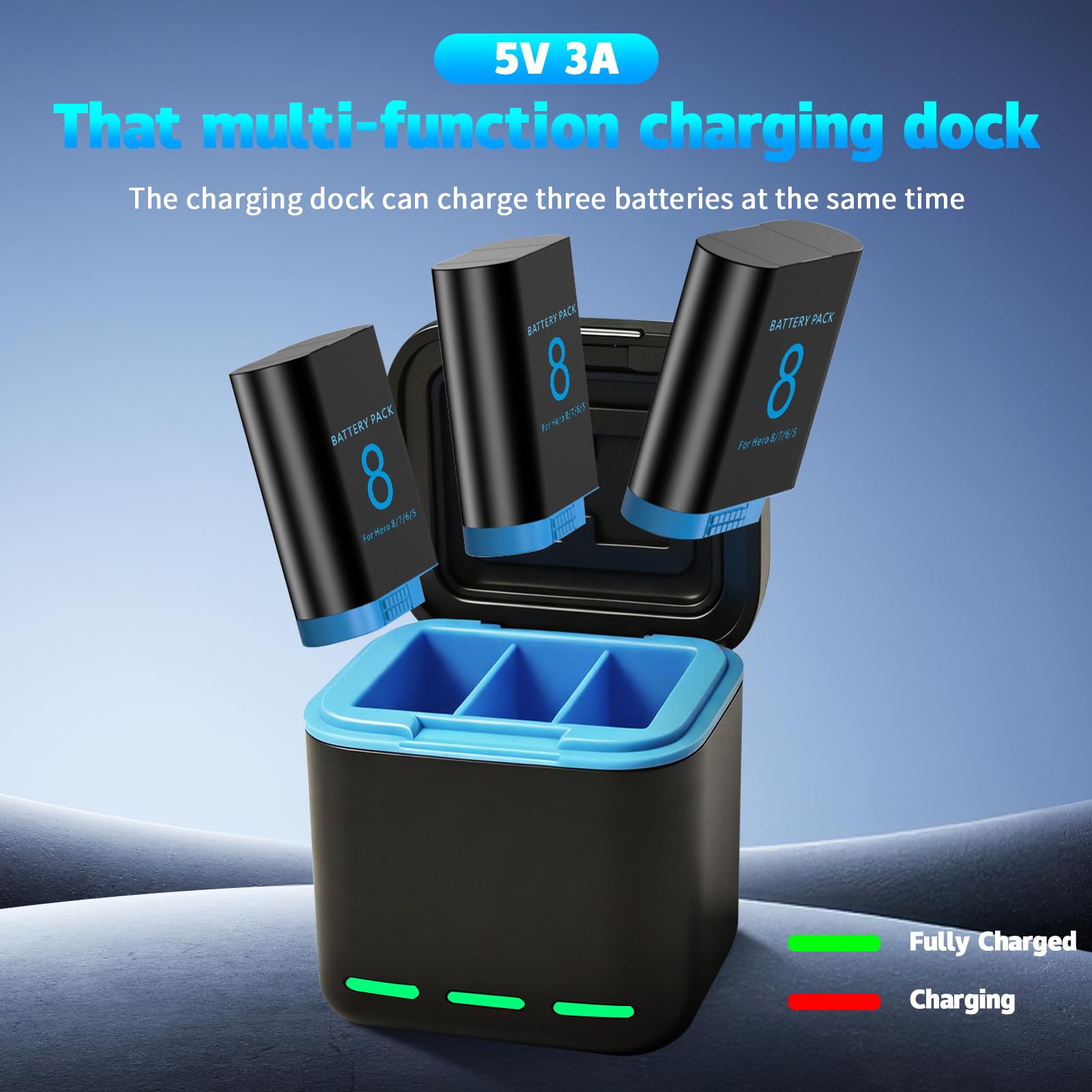 Lot de 3 batteries Hero 8 + chargeur à 3 ports compatibles avec GoPro Hero 8/7/6/5/2018 Noir