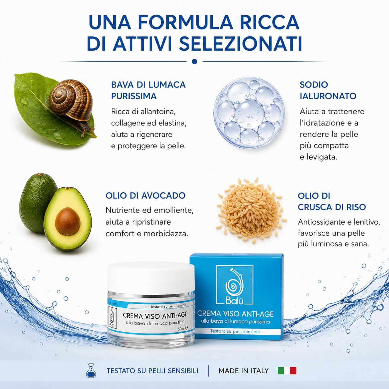 BALÙ Crema Viso Anti-Age alla Bava di Lumaca Purissima – Nutriente e Idratante per Pelle Secca e Matura, con Sodio Ialuronato, Avocado e Karité – Made in Italy, 50 ml