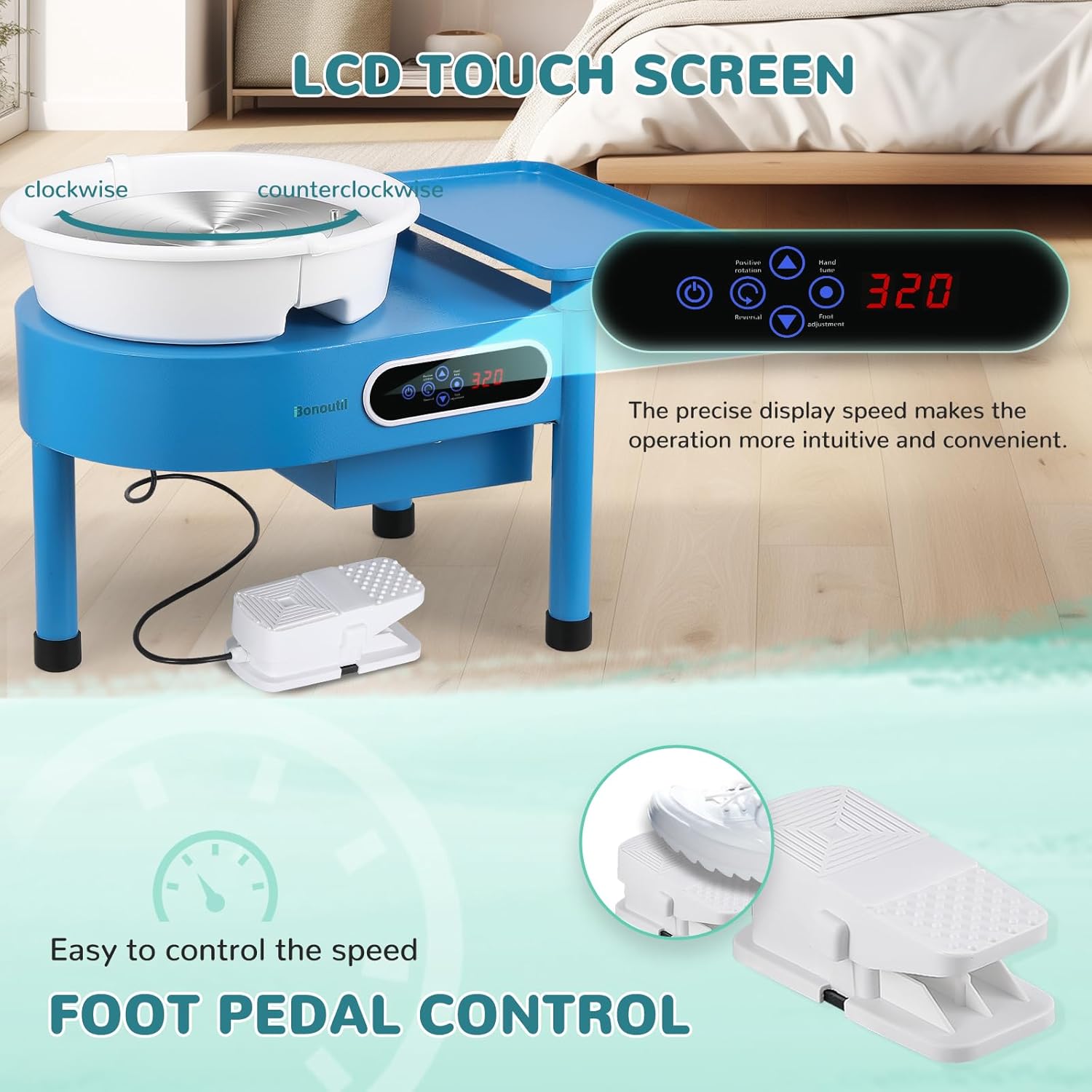 Bonoutil Pottery Wheel Machine-30cm/12in with Bat System LCD&Foot Pedal 0-320RPM Electric Ceramic Forming Wheel Adults Max 20 lbs Capacity 20PCS DIY Sculpting Tools